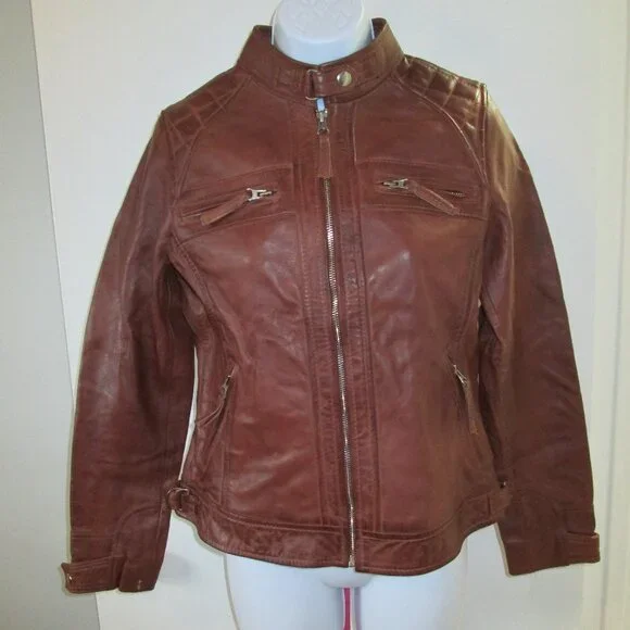 Cognac Leather Biker Style Jacket - Quilted Shoulder Sz XS - Picture 2 of 12